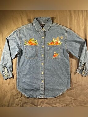 VTG Solutions Original Fall Harvest Embroidered Denim Button Up Shirt Size S